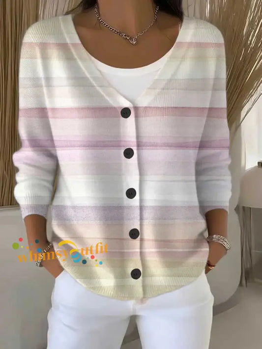 Women’s Striped Pattern Breast Cancer Awareness Print Buttoned V neck Cardigan Sweater As picture / S