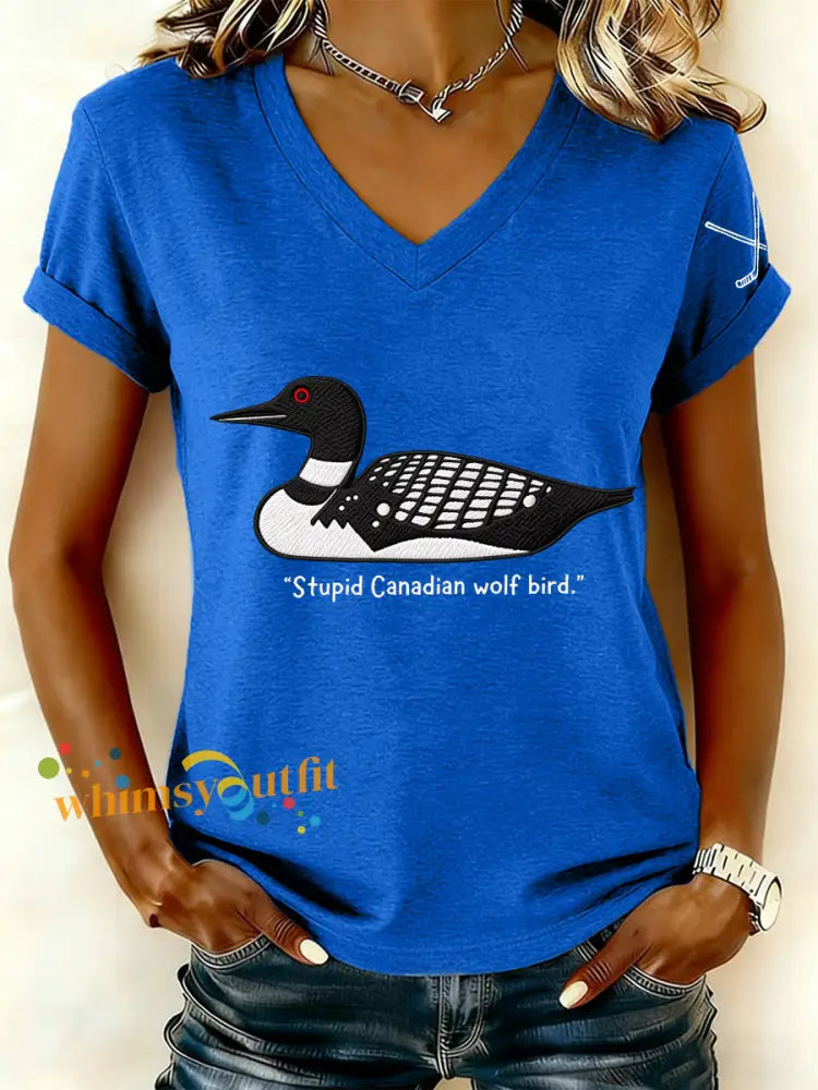 Women’s Stupid Canadian Wolf Bird Embroidered V-Neck T-Shirt Blue / S