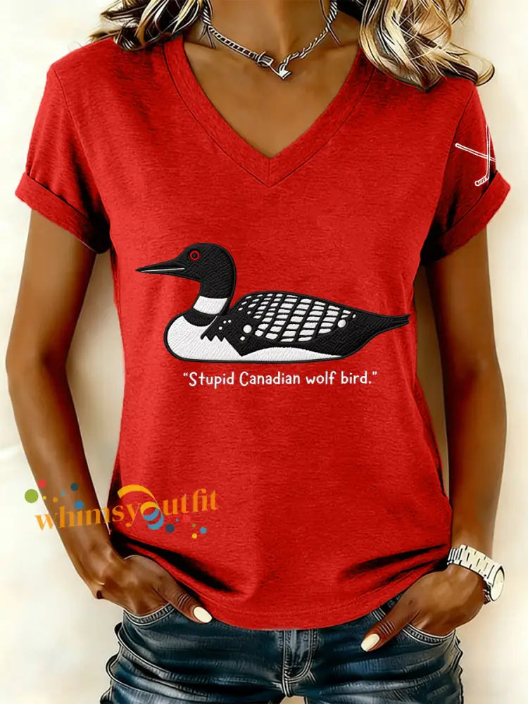 Women’s Stupid Canadian Wolf Bird Embroidered V-Neck T-Shirt Red / S