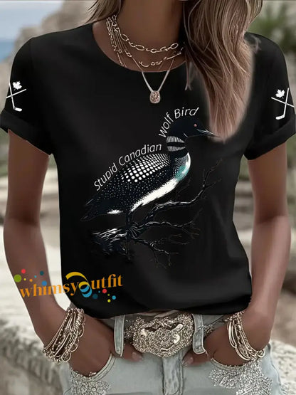 Women’s Stupid Canadian Wolf Bird Print Casual T-shirt Black / S