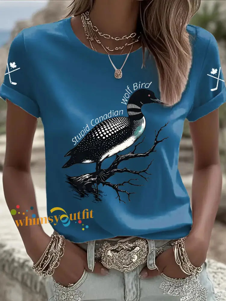 Women’s Stupid Canadian Wolf Bird Print Casual T-shirt Blue / S