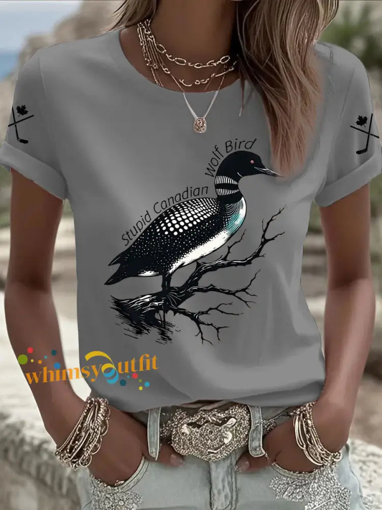 Women’s Stupid Canadian Wolf Bird Print Casual T-shirt Gray / S