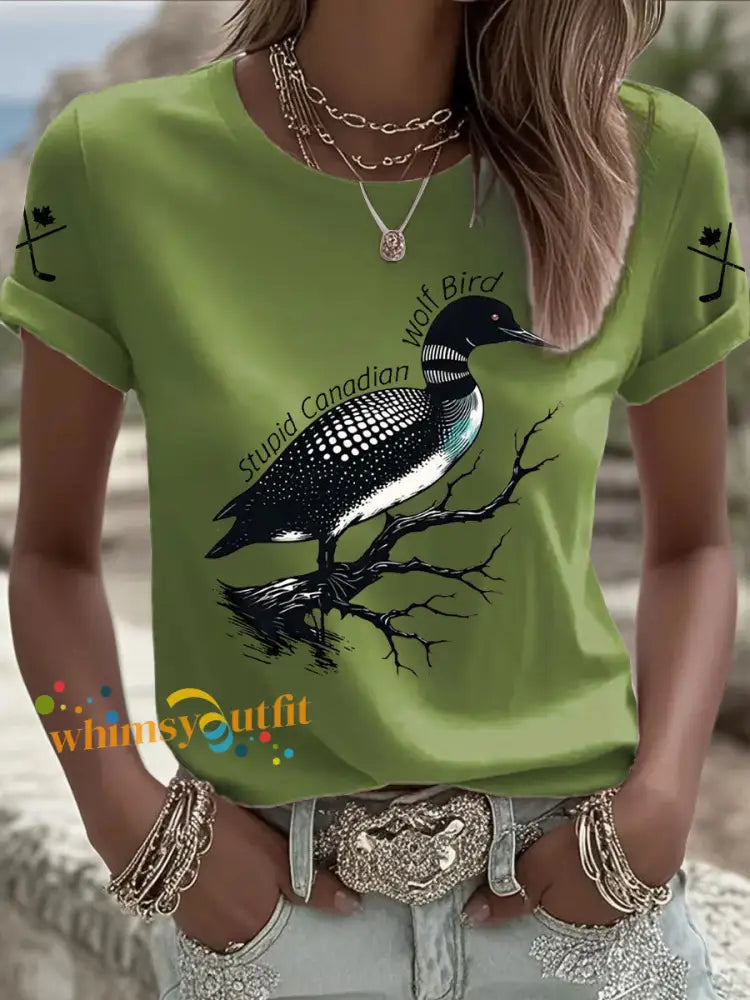Women’s Stupid Canadian Wolf Bird Print Casual T-shirt Green / S