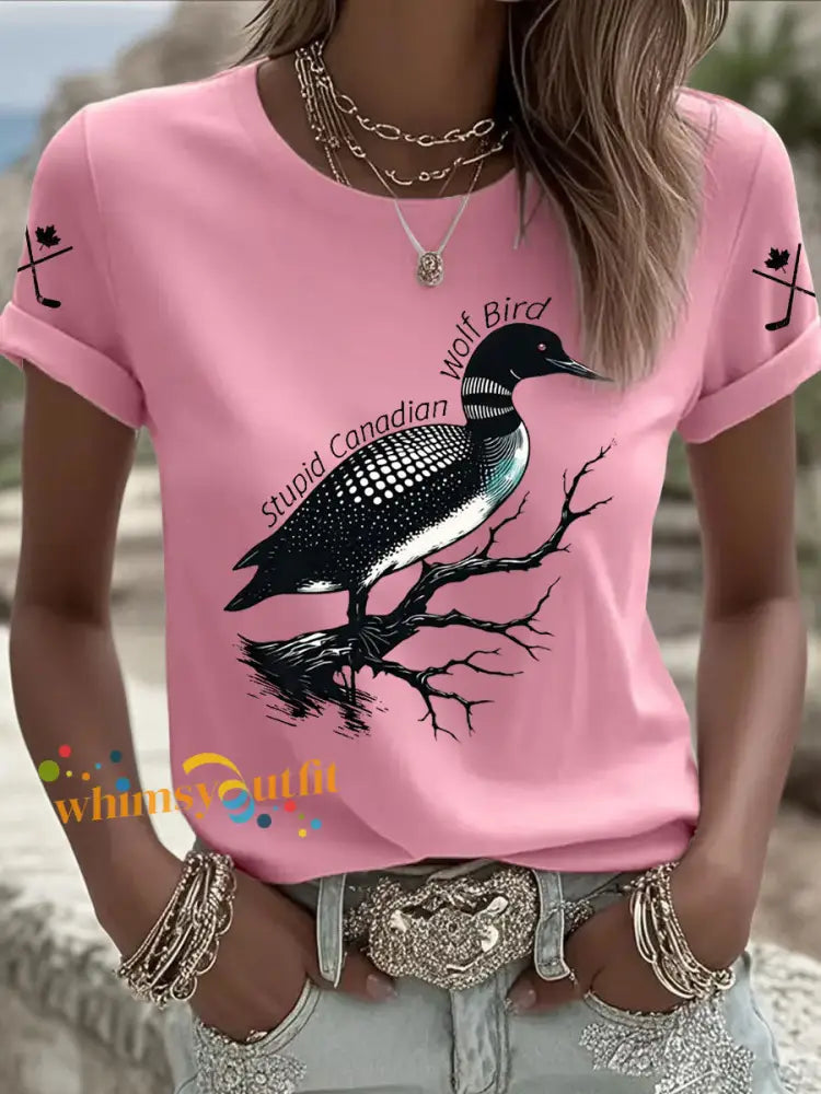 Women’s Stupid Canadian Wolf Bird Print Casual T-shirt Pink / S