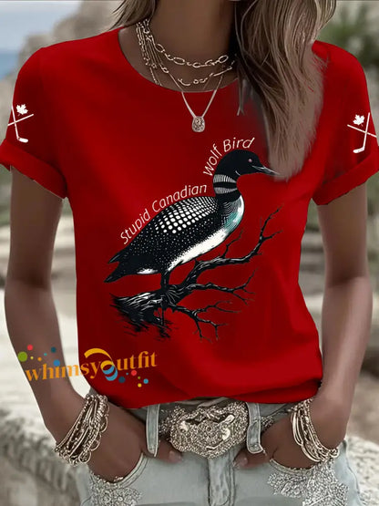 Women’s Stupid Canadian Wolf Bird Print Casual T-shirt Red / S