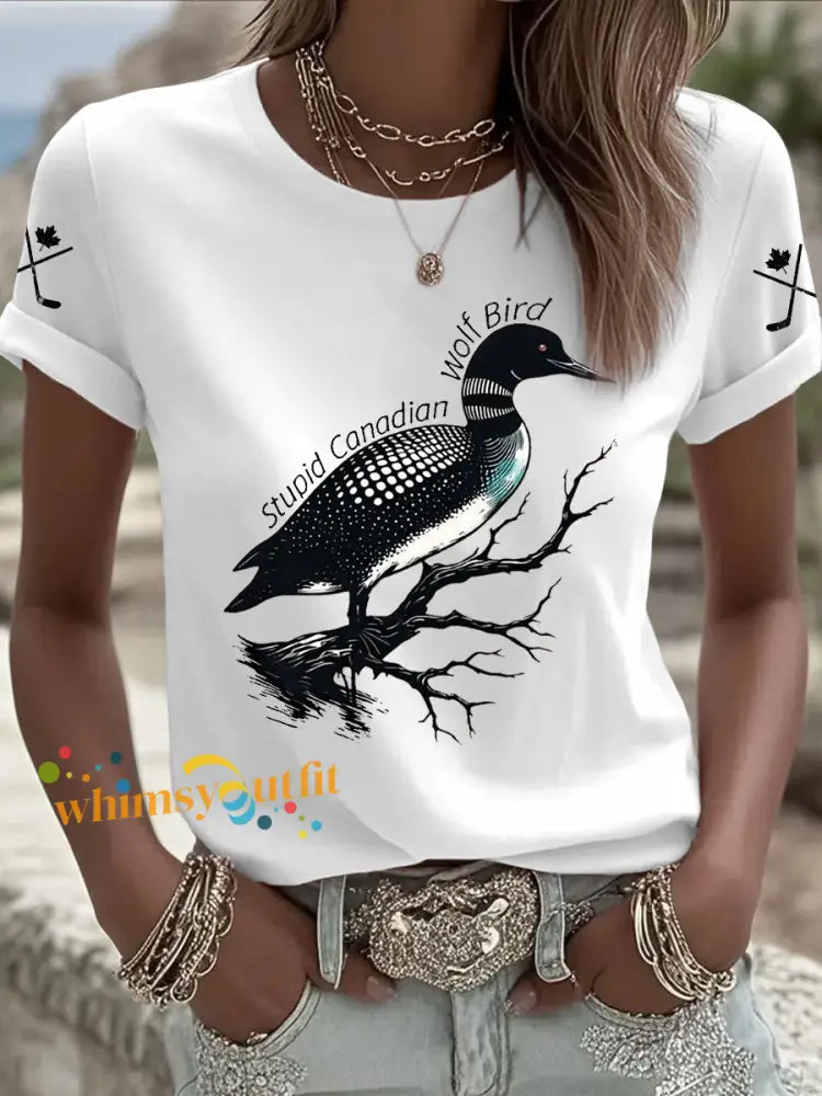 Women’s Stupid Canadian Wolf Bird Print Casual T-shirt White / S