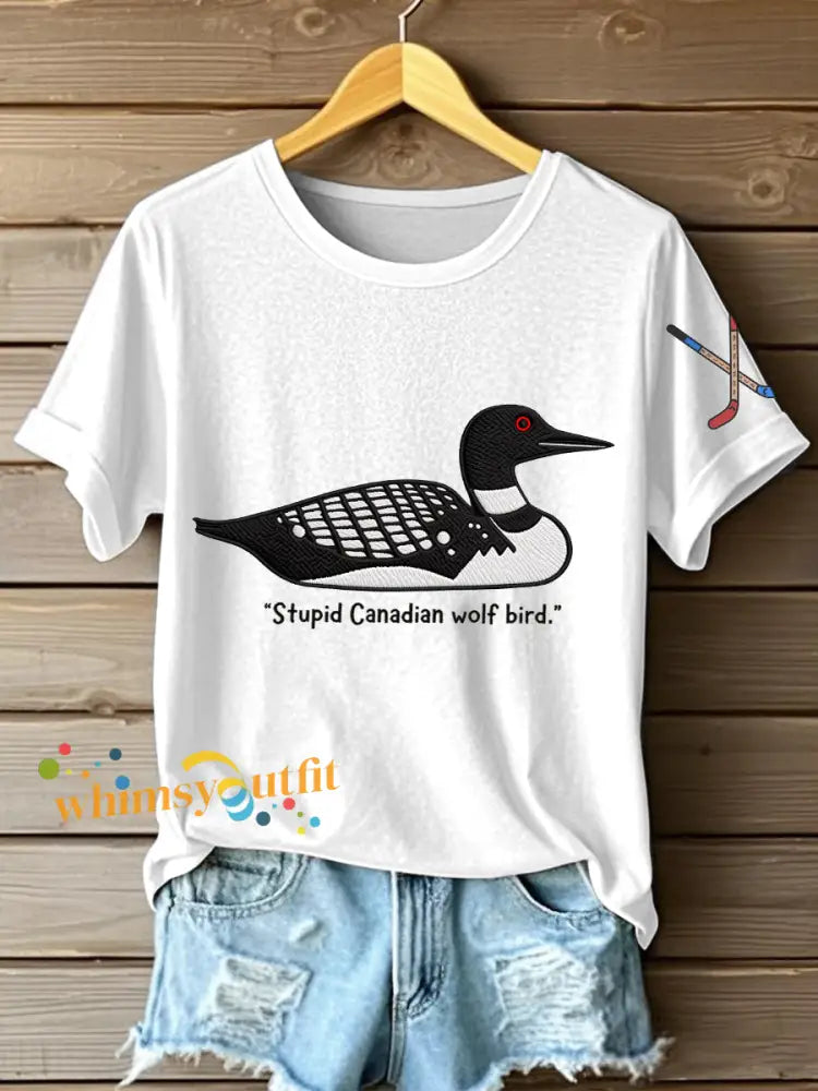 Women’s Stupid Canadian Wolf Bird Print T-Shirt White / S