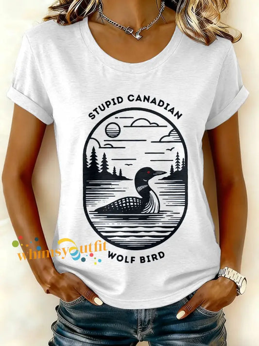 Women’s Stupid Canadian Wolf Bird Print T-Shirt White / S