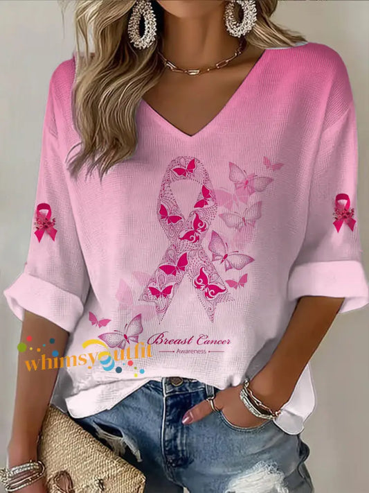 Women’s V neck Mid Sleeve Breast Cancer Butterfly Printed Casual T shirt Pink / S