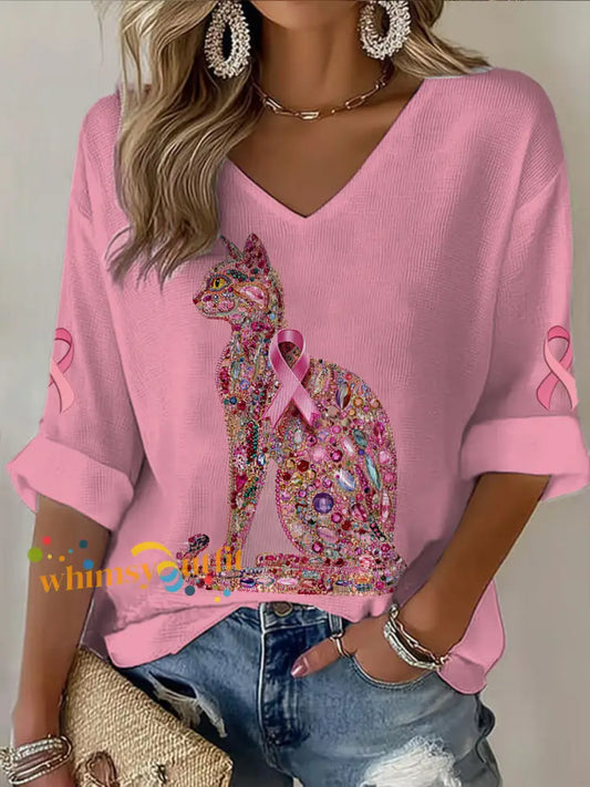 Women’s V neck Mid Sleeve Breast Cancer Cat Printed Casual T shirt Pink / S