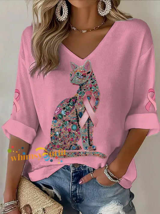 Women’s V neck Mid Sleeve Breast Cancer Cat Printed Casual T shirt Pink / S
