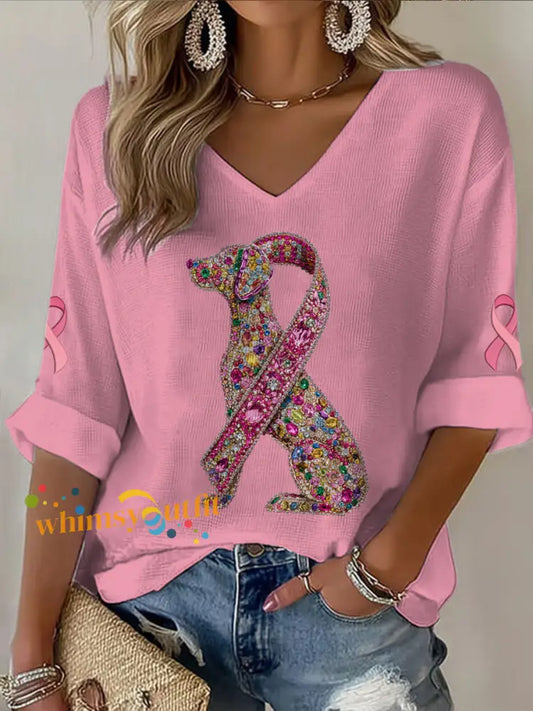 Women’s V neck Mid Sleeve Breast Cancer Dog Printed Casual T shirt Pink / S