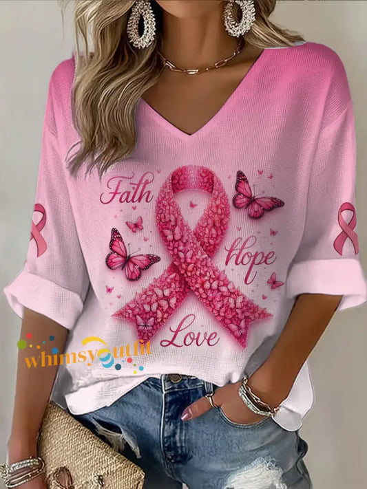 Women’s V neck Mid Sleeve Breast Cancer Flower Butterfly printed Casual T shirt Pink / S