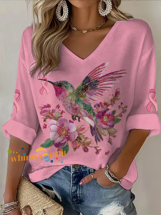 Women’s V neck Mid Sleeve Breast Cancer Hummingbird Printed Casual T shirt Pink / S