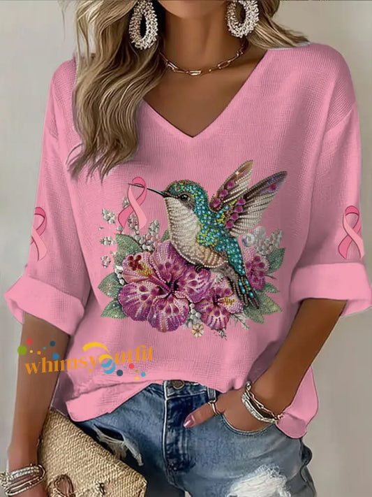 Women’s V neck Mid Sleeve Breast Cancer Hummingbird Printed Casual T shirt Pink / S