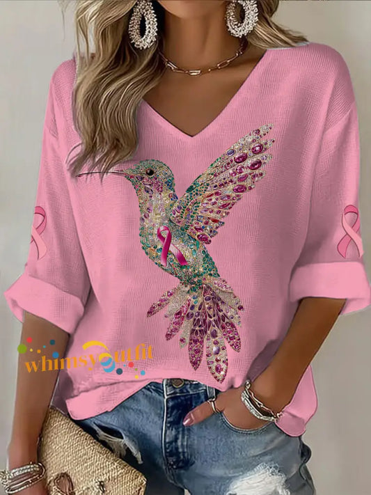 Women’s V neck Mid Sleeve Breast Cancer Hummingbird Printed Casual T shirt Pink / S