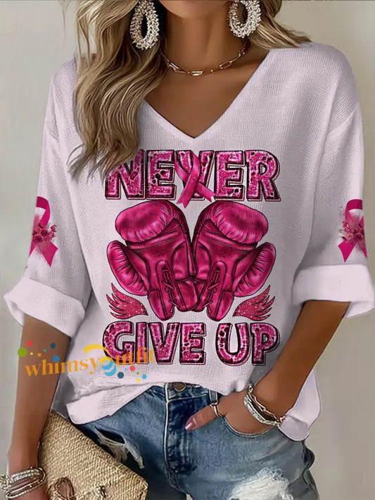Women’s V neck Mid Sleeve Breast Cancer Printed Casual T shirt Light Pink / S