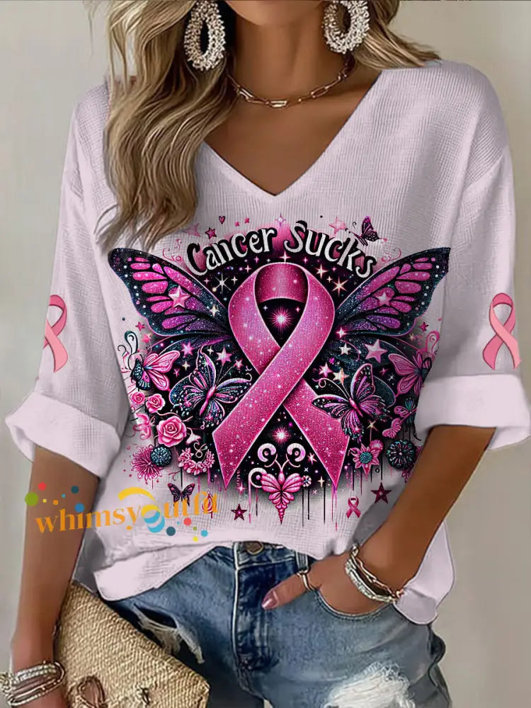 Women’s V neck Mid Sleeve Breast Cancer Printed Casual T shirt Light Pink / S