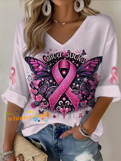 Women’s V neck Mid Sleeve Breast Cancer Printed Casual T shirt Light Pink / S