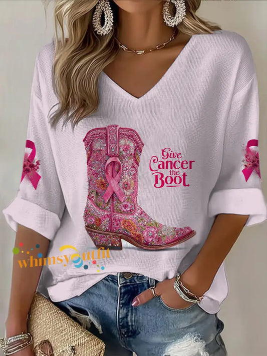 Women’s V neck Mid Sleeve Breast Cancer Printed Casual T shirt Light Pink / S