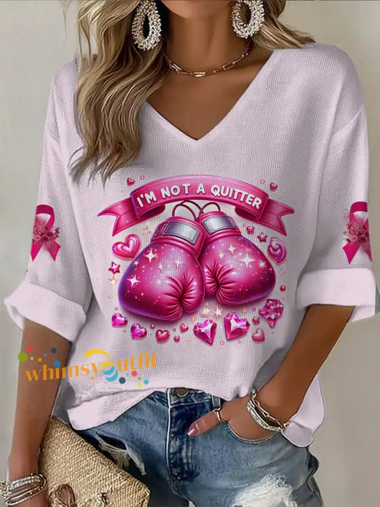 Women’s V neck Mid Sleeve Breast Cancer Printed Casual T shirt Light Pink / S