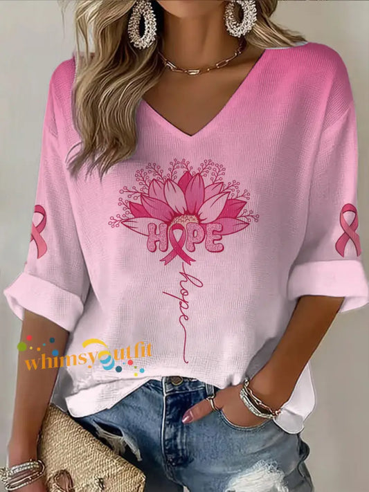 Women’s V neck Mid Sleeve Breast Cancer printed Casual T shirt Pink / S