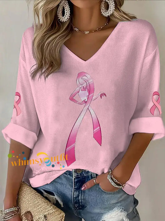 Women’s V neck Mid Sleeve Breast Cancer Printed Casual T shirt Pink / S