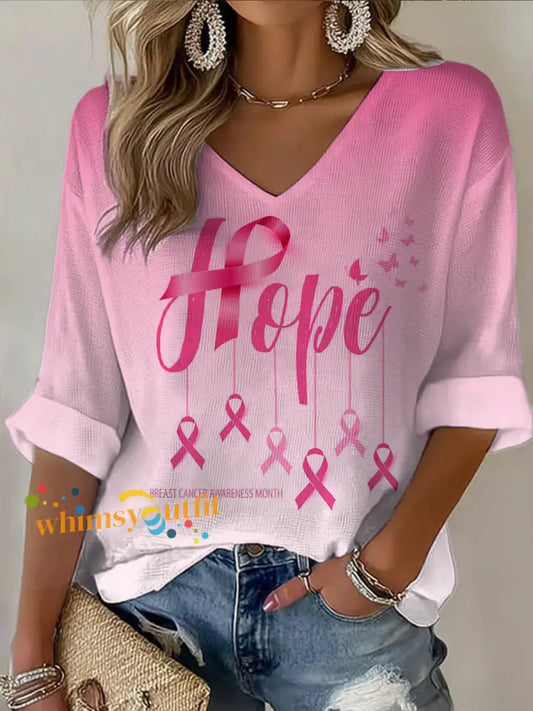 Women’s V neck Mid Sleeve Breast Cancer printed Casual T shirt Pink / S