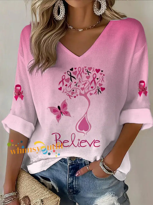 Women’s V neck Mid Sleeve Breast Cancer printed Casual T shirt Pink / S