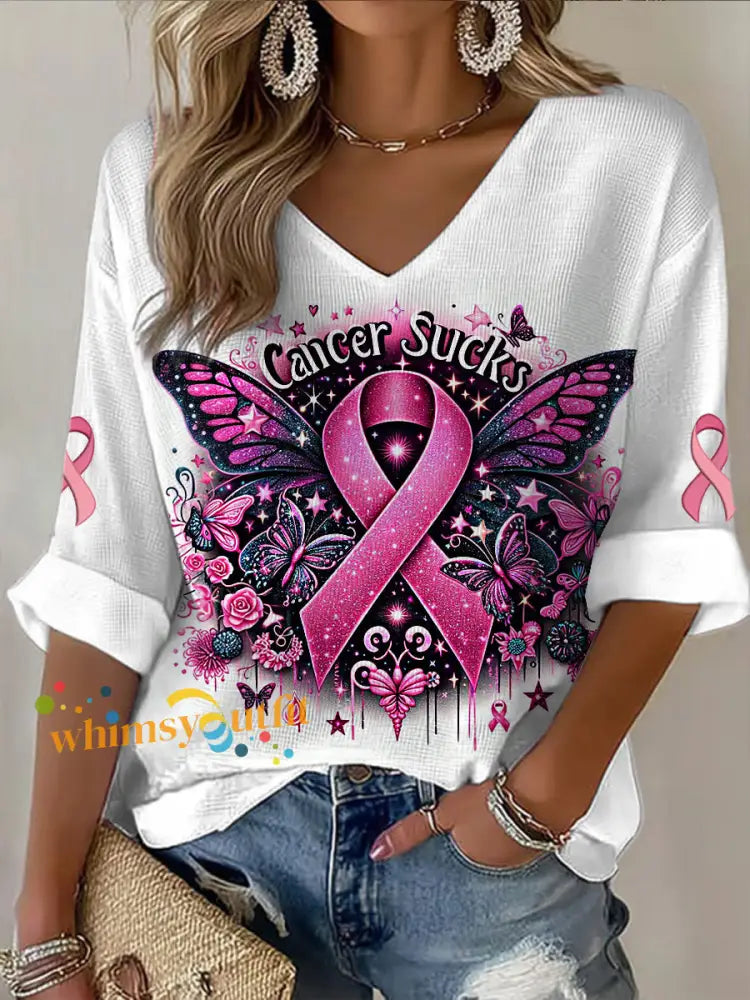 Women’s V neck Mid Sleeve Breast Cancer Printed Casual T shirt White / S