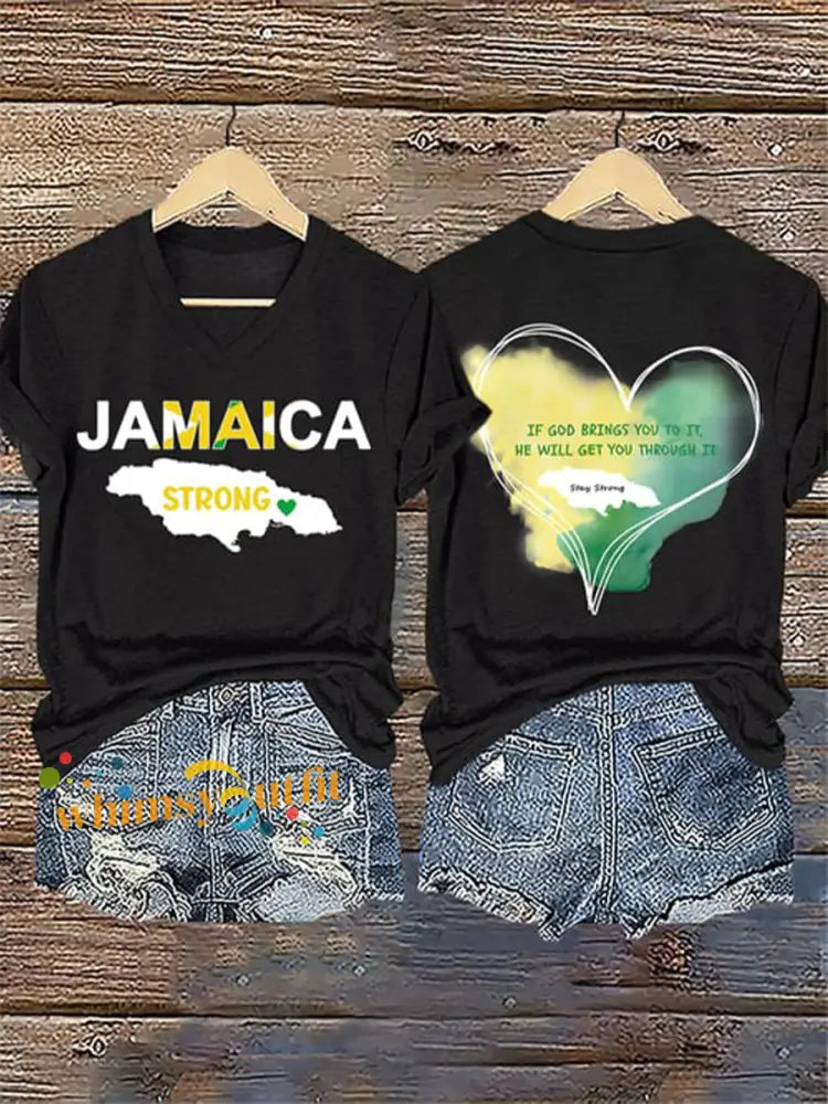 Women’s V-Neck Retro Jamaica Strong If God Brings You To It He Will Get You Through It Stay Strong Print T-Shirt Black
