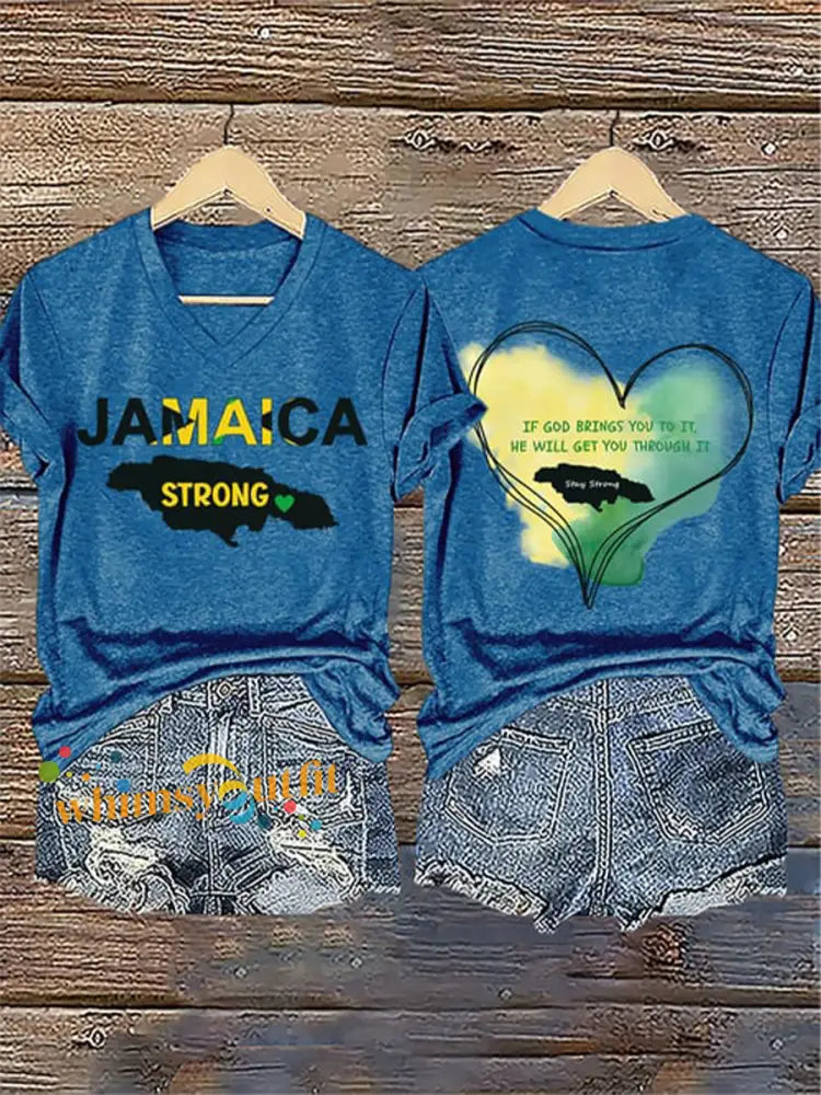 Women’s V-Neck Retro Jamaica Strong If God Brings You To It He Will Get You Through It Stay Strong Print T-Shirt Blue