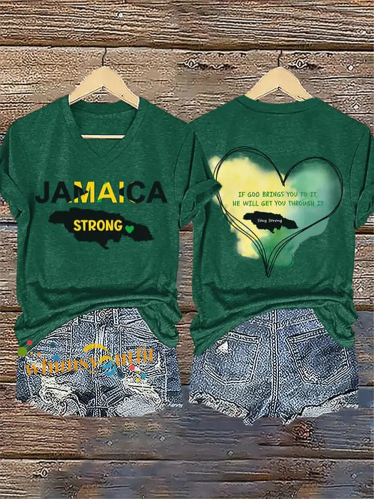 Women’s V-Neck Retro Jamaica Strong If God Brings You To It He Will Get You Through It Stay Strong Print T-Shirt Green