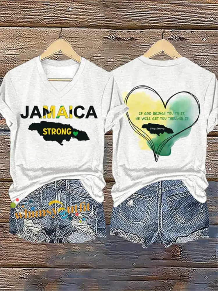 Women’s V-Neck Retro Jamaica Strong If God Brings You To It He Will Get You Through It Stay Strong Print T-Shirt White