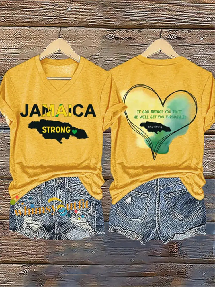 Women’s V-Neck Retro Jamaica Strong If God Brings You To It He Will Get You Through It Stay Strong Print T-Shirt Yellow
