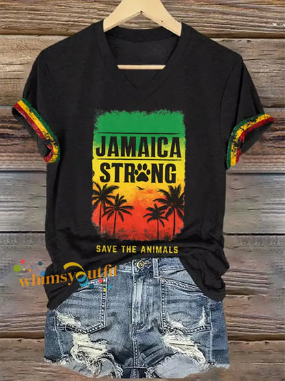 Women’s V-Neck Retro Jamaica Strong Save The Animals Reggae Red Green And Gold Print T-Shirt Black / S