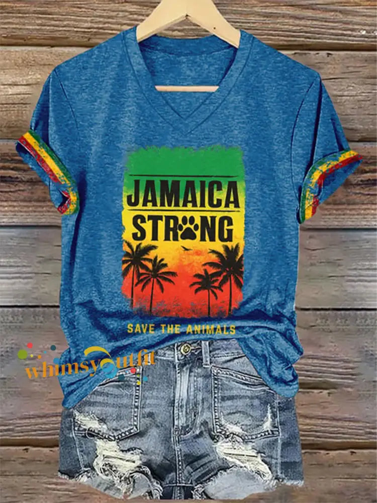 Women’s V-Neck Retro Jamaica Strong Save The Animals Reggae Red Green And Gold Print T-Shirt Blue / S