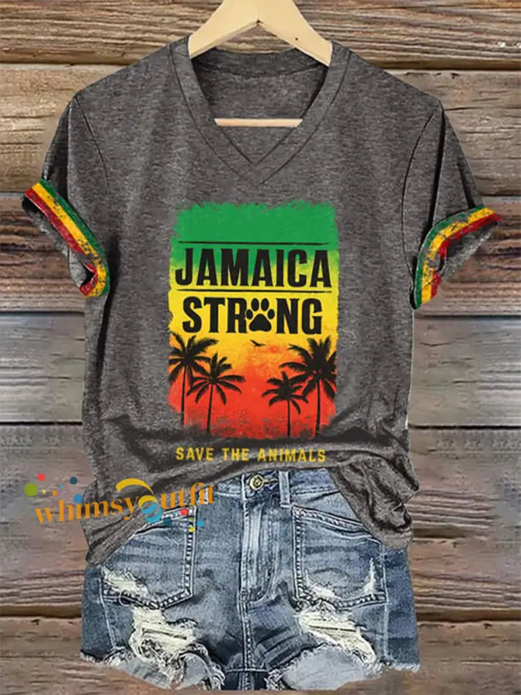 Women’s V-Neck Retro Jamaica Strong Save The Animals Reggae Red Green And Gold Print T-Shirt Gray / S