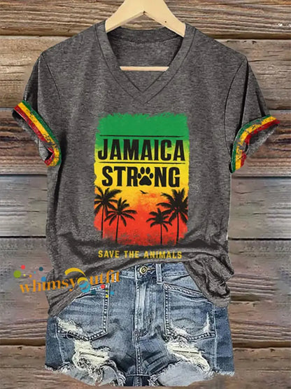 Women’s V-Neck Retro Jamaica Strong Save The Animals Reggae Red Green And Gold Print T-Shirt Gray / S