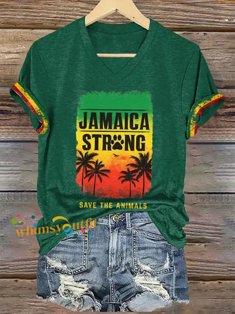 Women’s V-Neck Retro Jamaica Strong Save The Animals Reggae Red Green And Gold Print T-Shirt Green / S