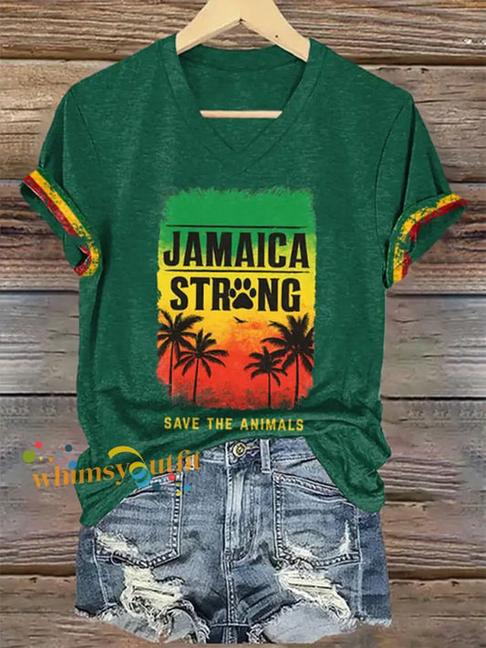 Women’s V-Neck Retro Jamaica Strong Save The Animals Reggae Red Green And Gold Print T-Shirt Green / S