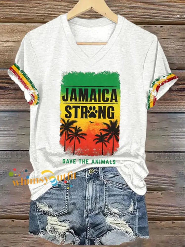 Women’s V-Neck Retro Jamaica Strong Save The Animals Reggae Red Green And Gold Print T-Shirt White / S