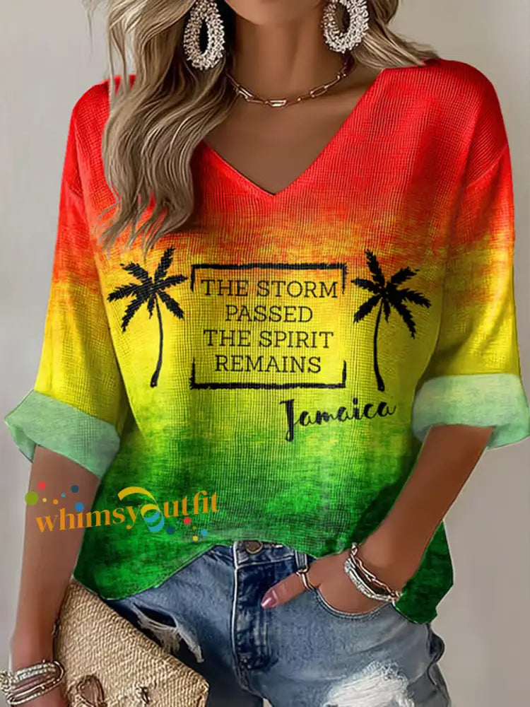 Women’s V-Neck Retro Jamaica Strong Jamaica The Storm Passed The Spirit Remains Reggae Red Green And Gold Print T-Shirt