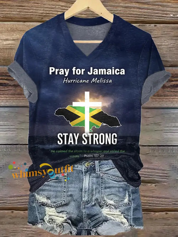 Women’s V-Neck Retro Pray For Jamaica Stay Strong Psalm 107:29 ’He Calmed The Storm To A Whisper And Stilled The