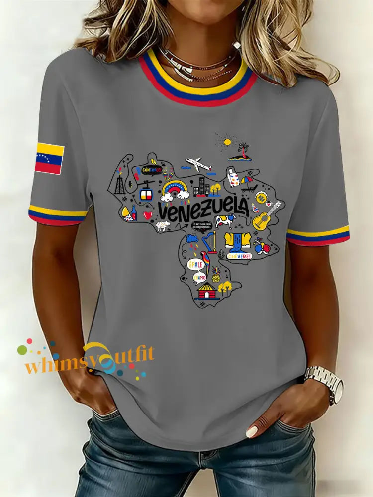 Women’s Venezuelan Print Casual T-Shirt Gray / S
