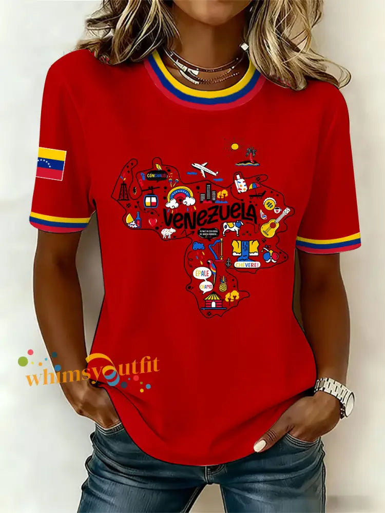 Women’s Venezuelan Print Casual T-Shirt Red / S