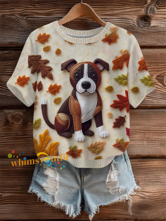 Women’s Vintage Autumn Fallen Patchwork Dog Print Art Cozy Knit Top As picture / S