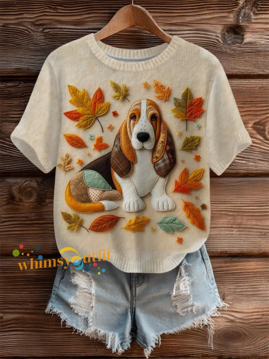 Women’s Vintage Autumn Fallen Patchwork Dog Print Art Cozy Knit Top As picture / S