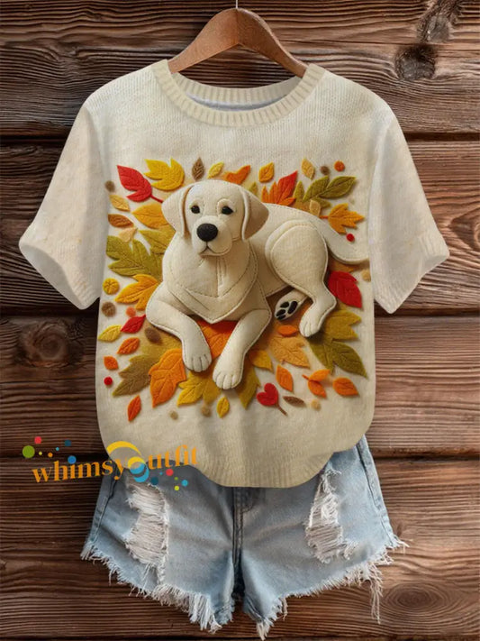 Women’s Vintage Autumn Fallen Patchwork Dog Print Art Cozy Knit Top As picture / S