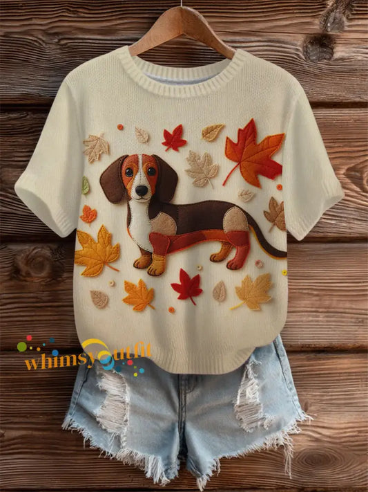 Women’s Vintage Autumn Fallen Patchwork Dog Print Art Cozy Knit Top As picture / S